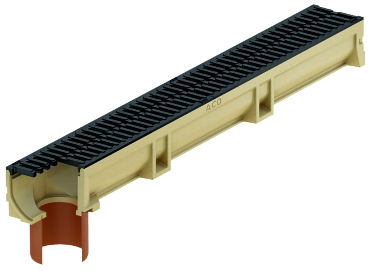 CANIVEAU ACO EUROLINE 100 FONTE 1M SORTIE VERTICALE D.110MM