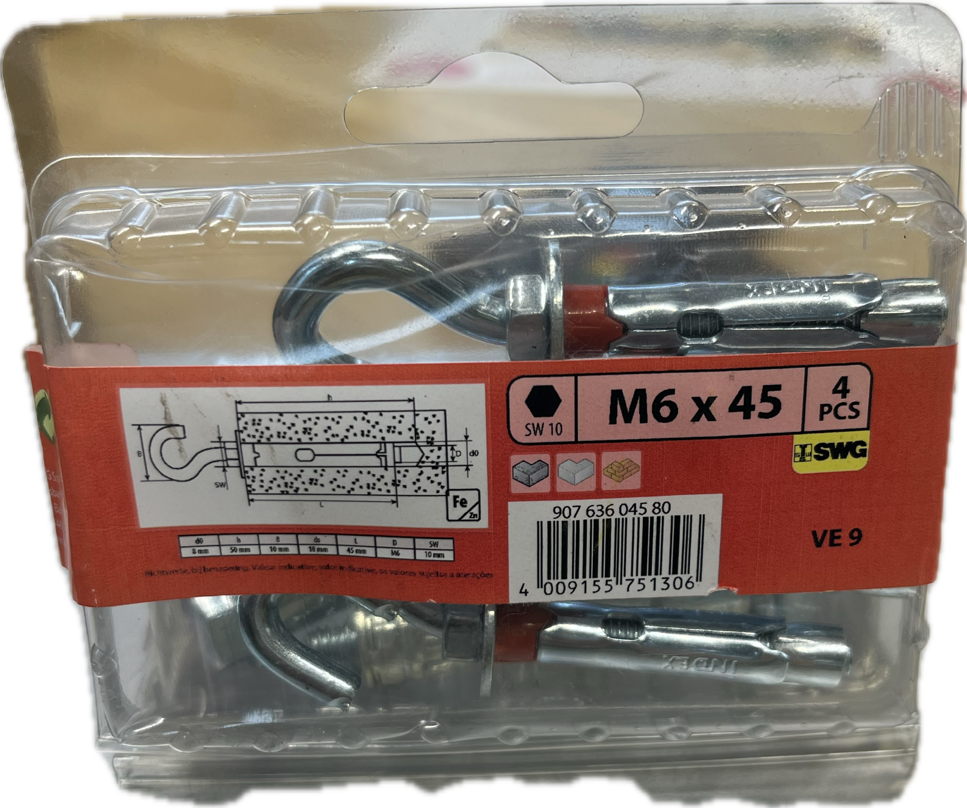 CROCHET AVEC CHEVILLE MÉTALLIQUE M6 X 45 (4 PC)